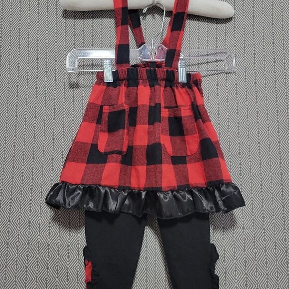 SET Red And Black Checkerboard Lumberjack Overalls Skirt & Leggings SET - Picture 1 of 13